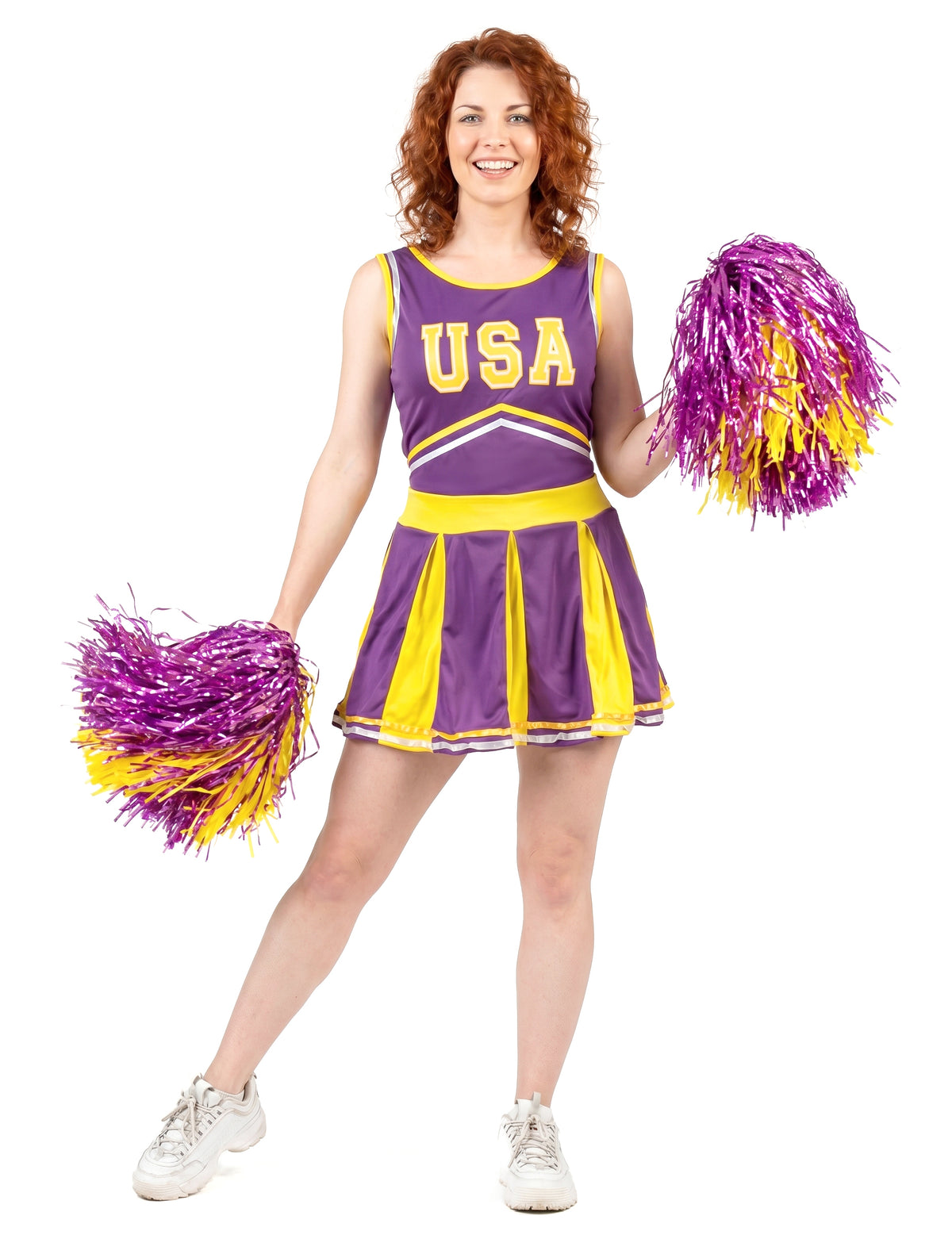Déguisement de pompom girl USA pour femme violet et jaune avec pompons