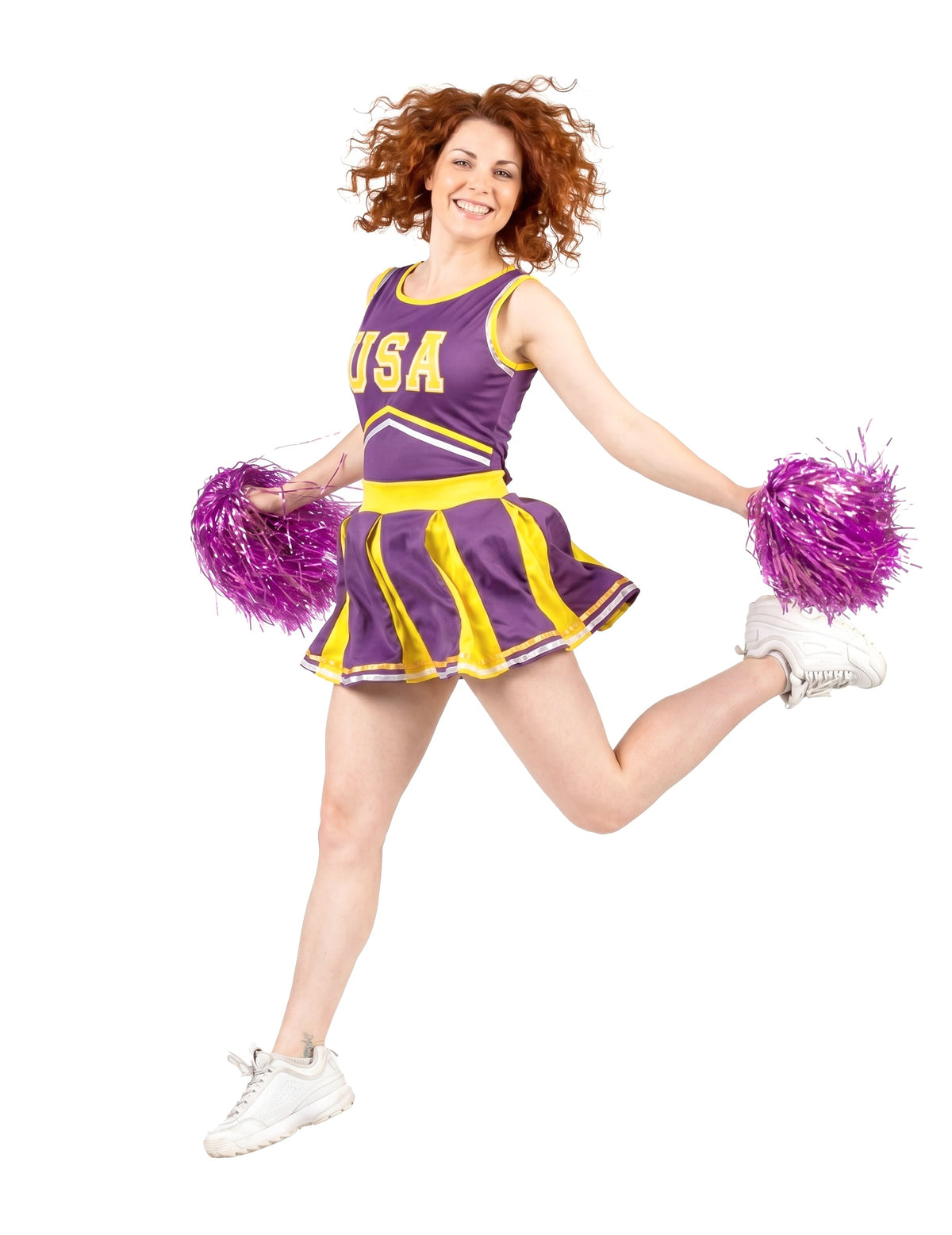 Disfarce pompom girl USA lilás e amarelo mulher
