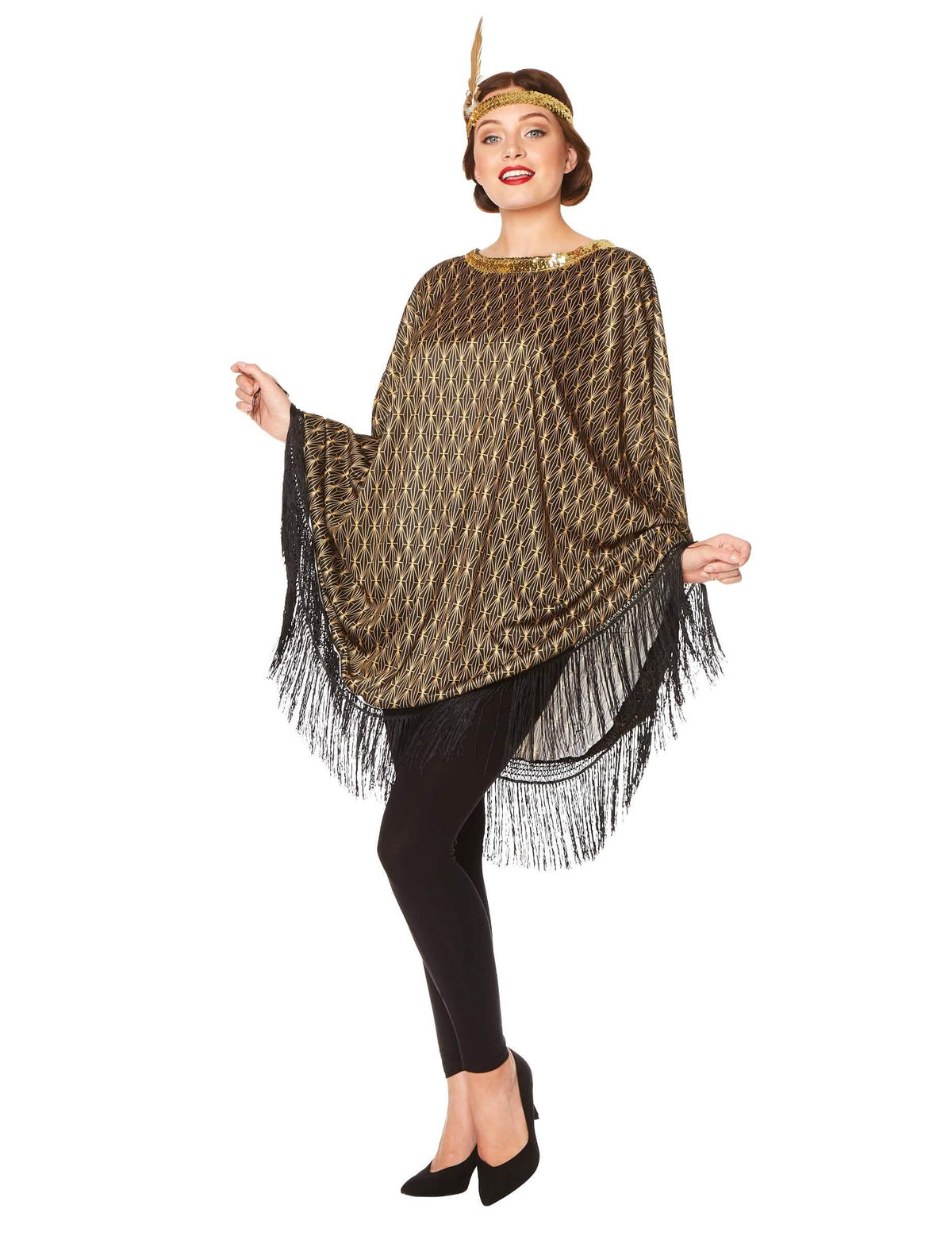 Fato poncho charleston, anos 20 para mulher dourado e preto com franjas