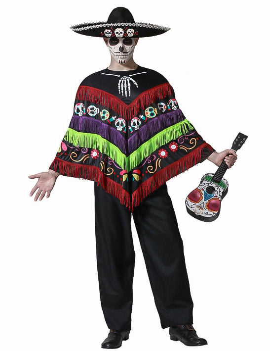 Déguisement poncho squelette Dia de los muertos pour adulte noir avec franges multicolores et sombrero