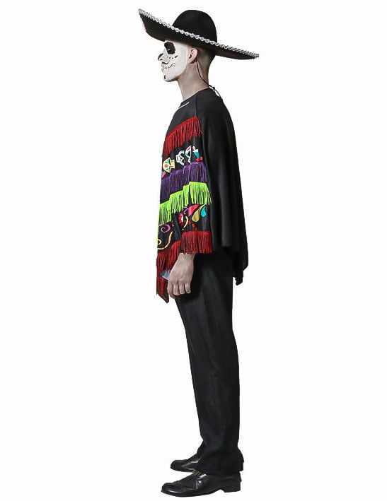 Vue de profil du déguisement poncho squelette Dia de los muertos pour adulte