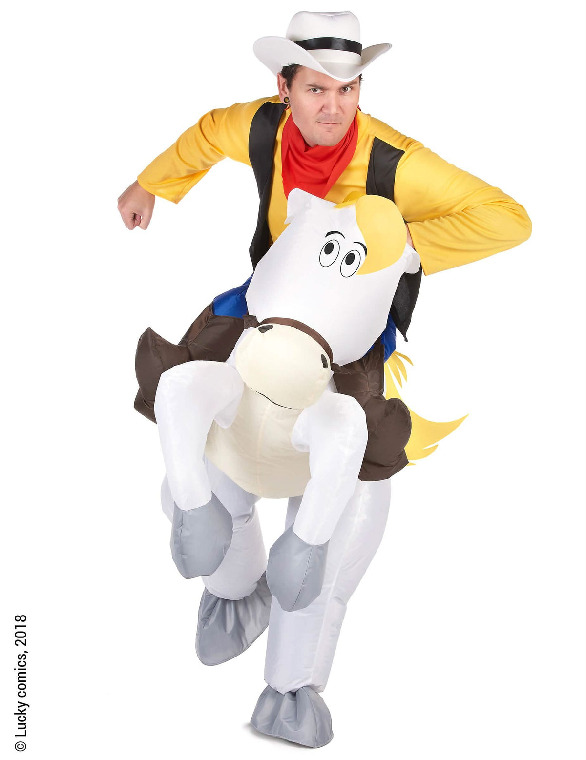 Déguisamento carry me Jolly Jumper Lucky Luke para adulto amarelo e branco carry me