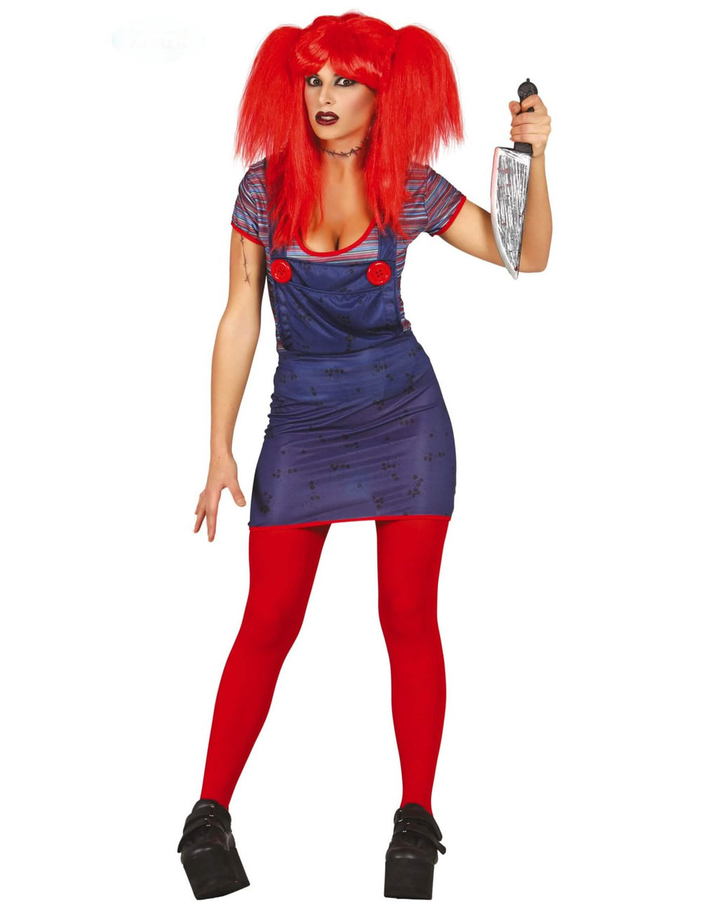 Fato de boneca Malévola para mulher azul e vermelho com faca