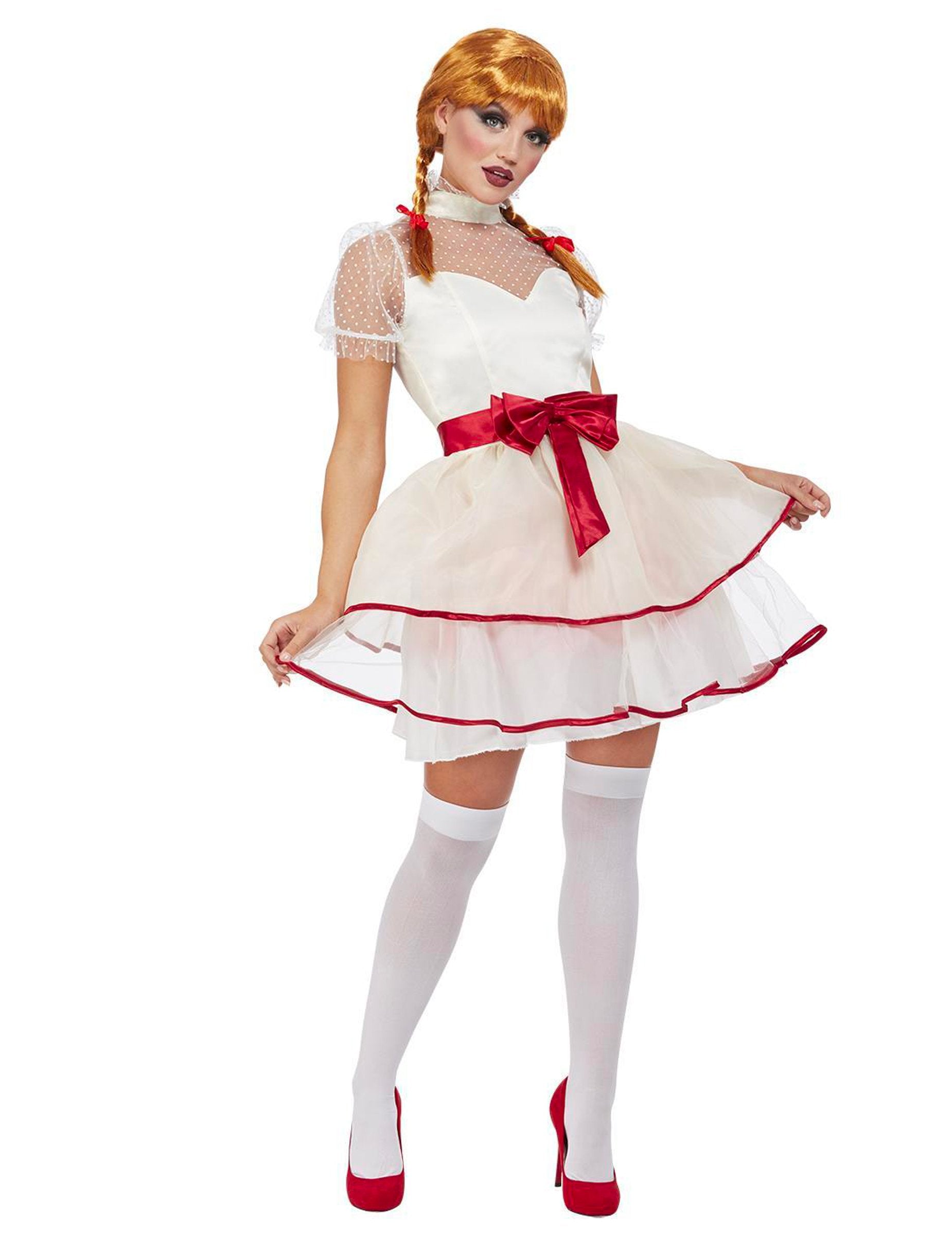 Déguisement poupée porcelaine pour femme blanc avec ceinture et nœud rouge