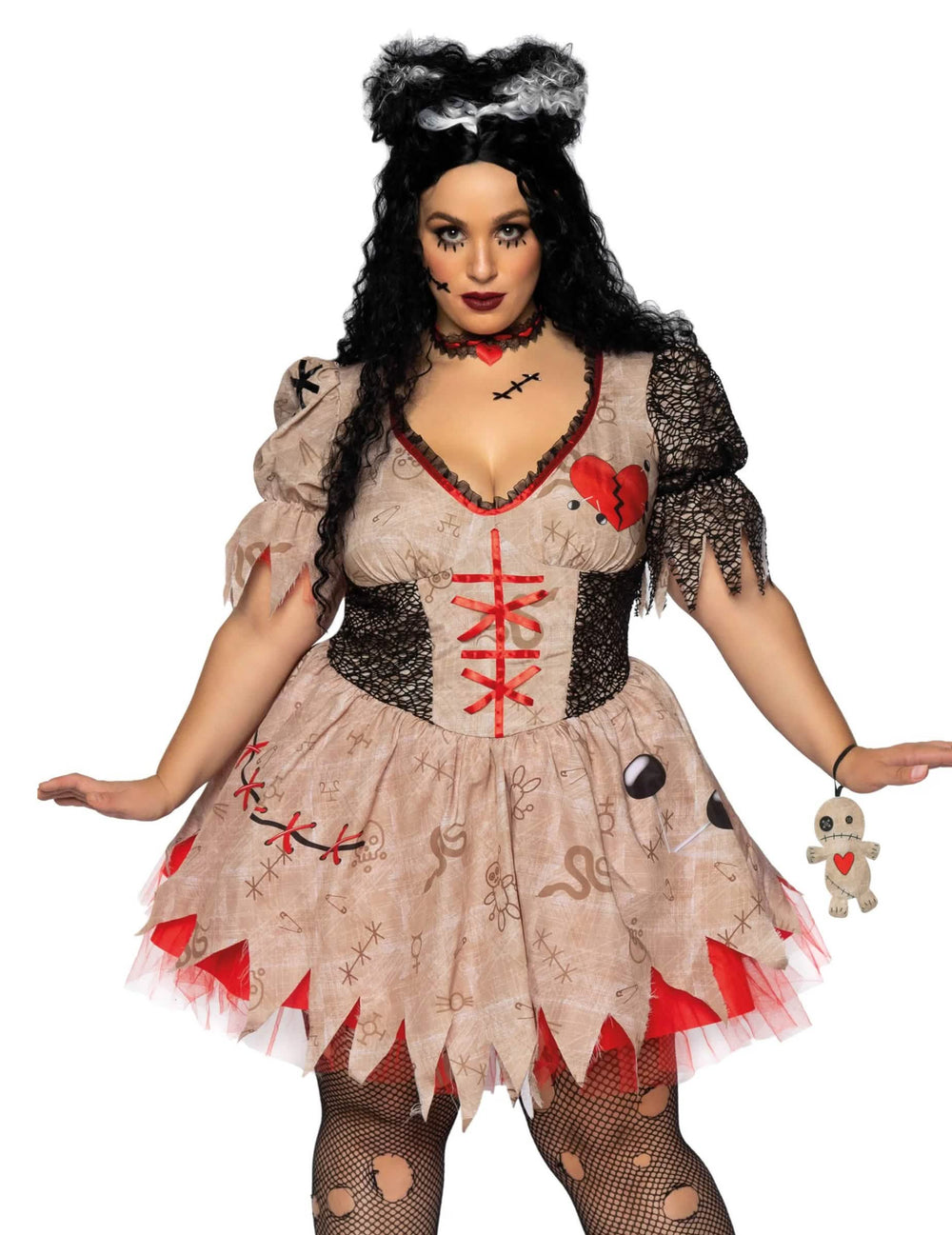 Fato de boneca vudu para mulher bege e vermelho com motivos de costuras