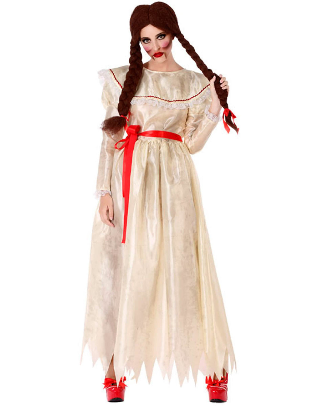 Fato de boneca vintage Malévola para mulher branco-queimado com cinto e fitas vermelhas
