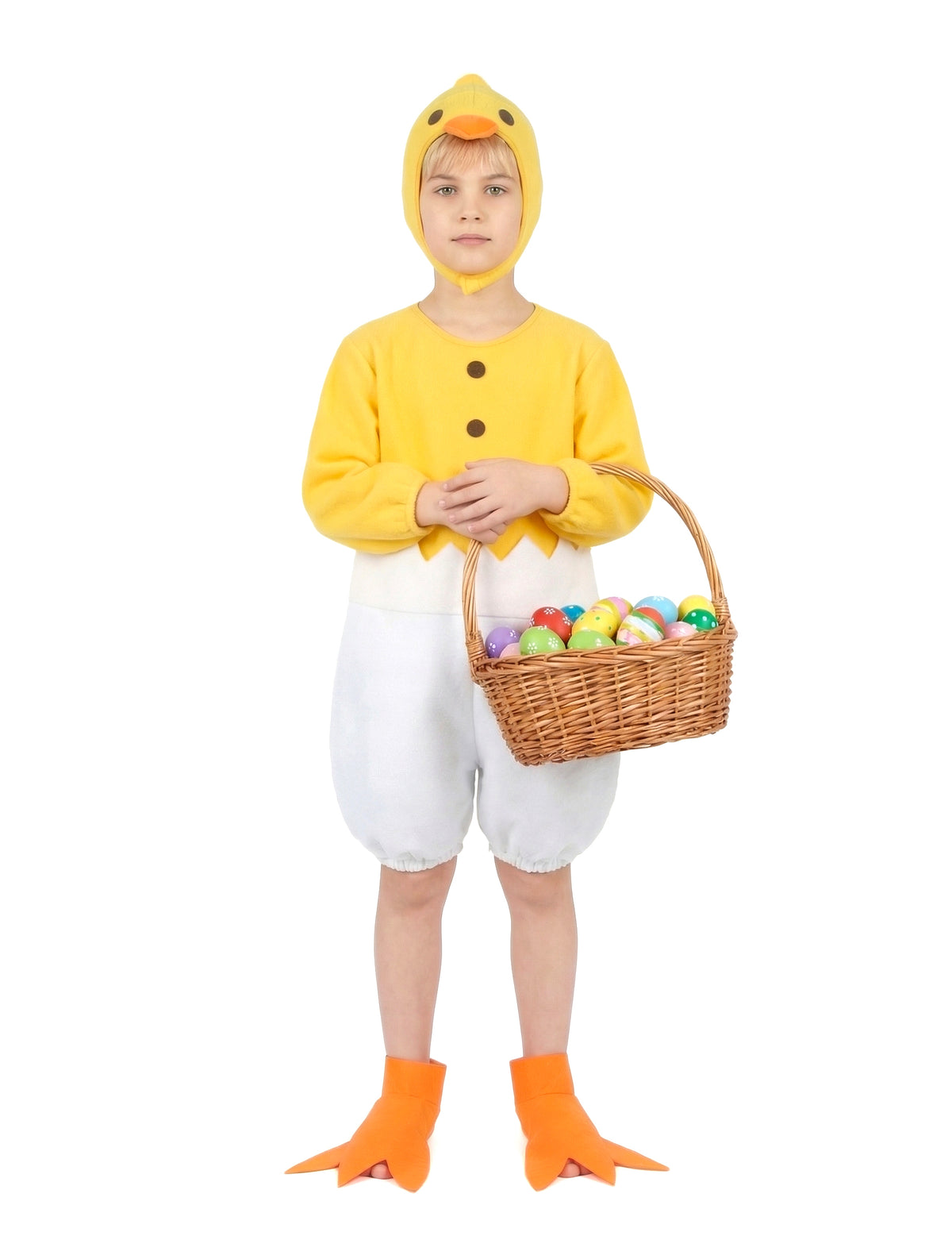 Déguisement de poussin pour enfant jaune et blanc avec capuche et pattes orange