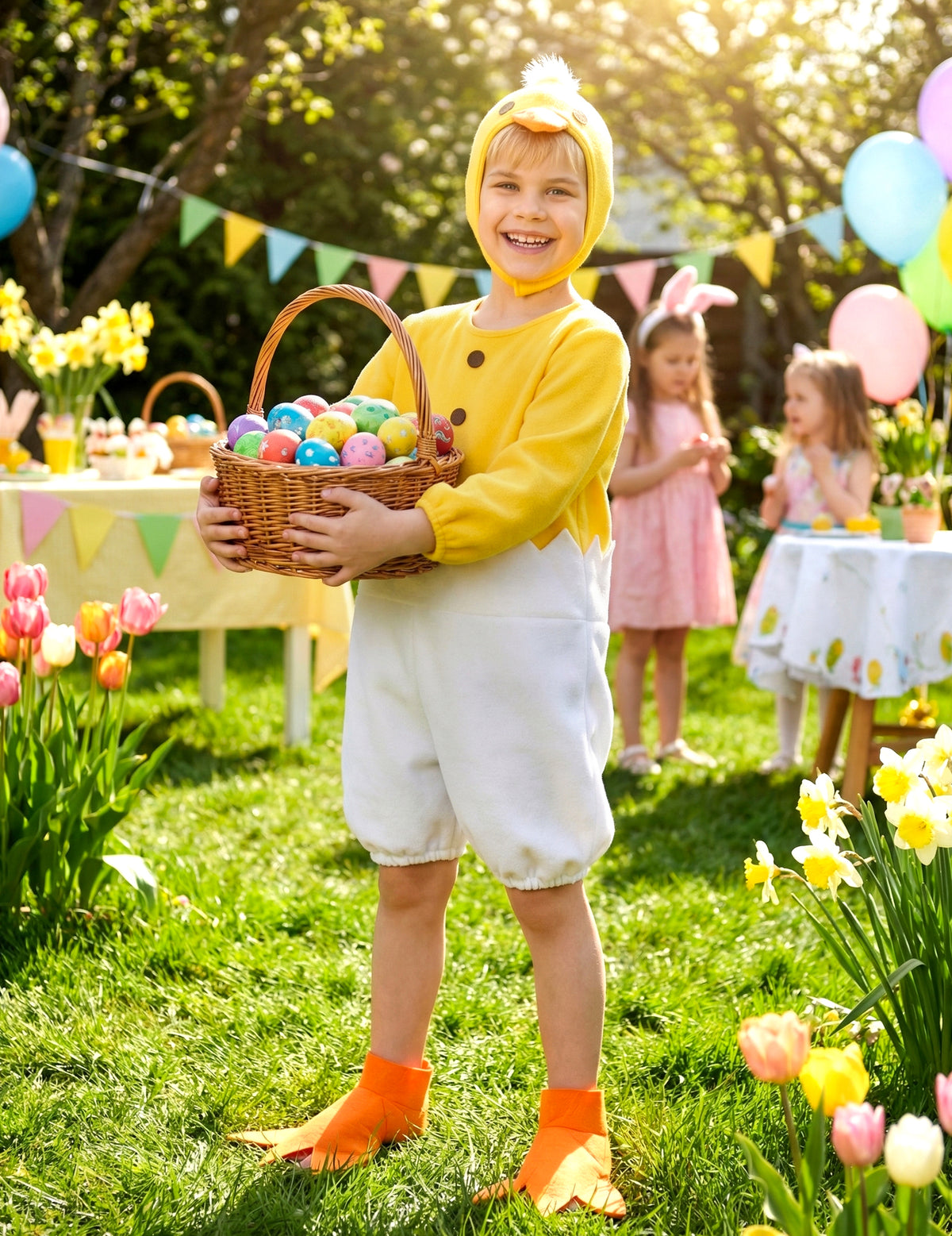 Mise en situation avec panier d'œufs du déguisement de poussin pour enfant