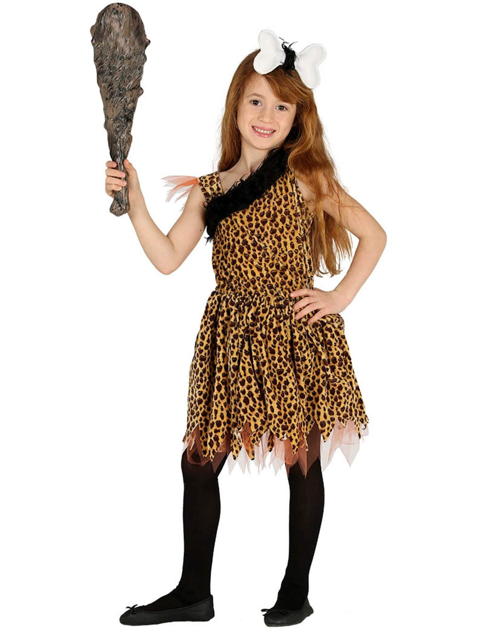Disfarce pré-histórico para menina com estampado de leopardo, com maça e osso