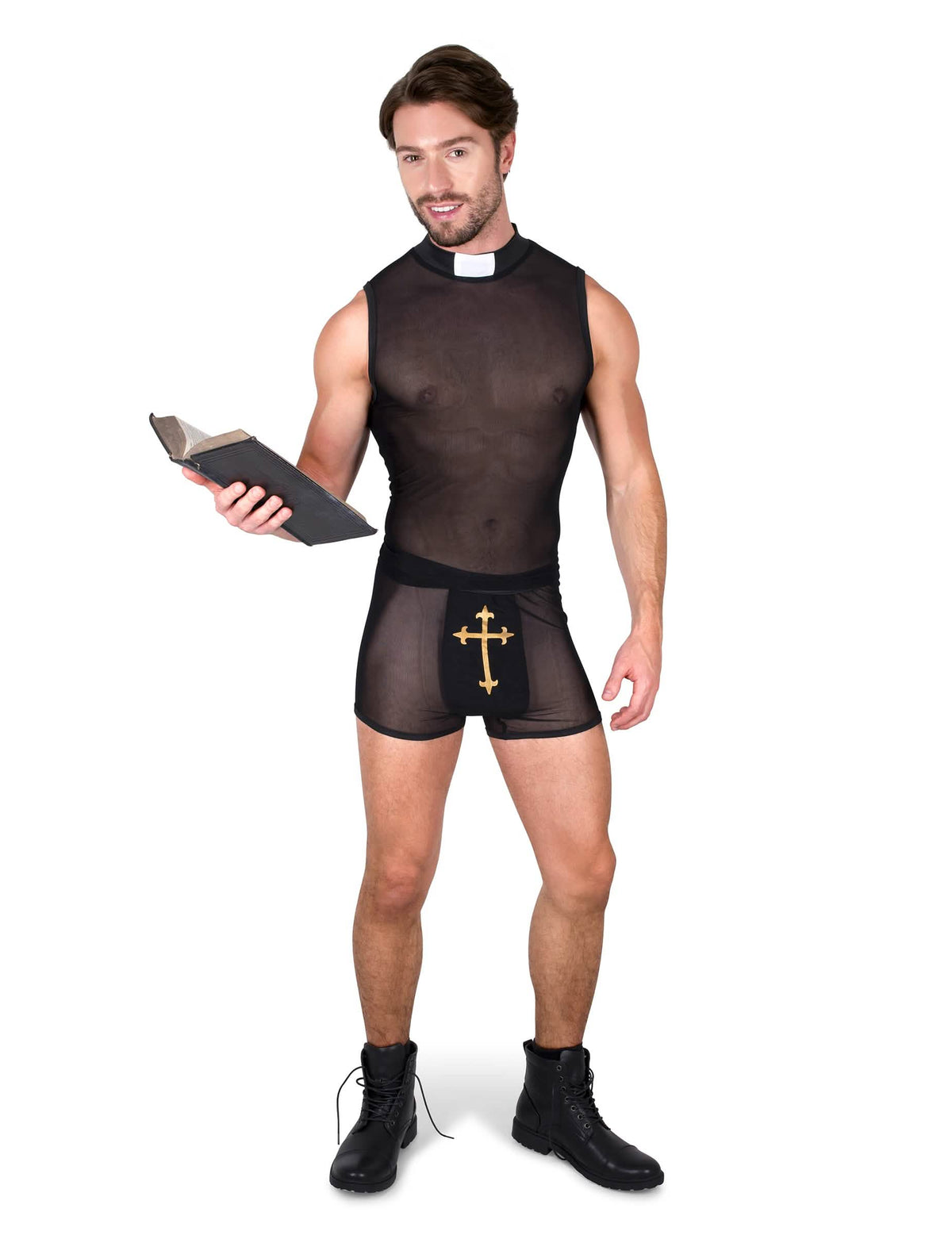 Fato de padre pecador para homem preto transparente com cruz dourada