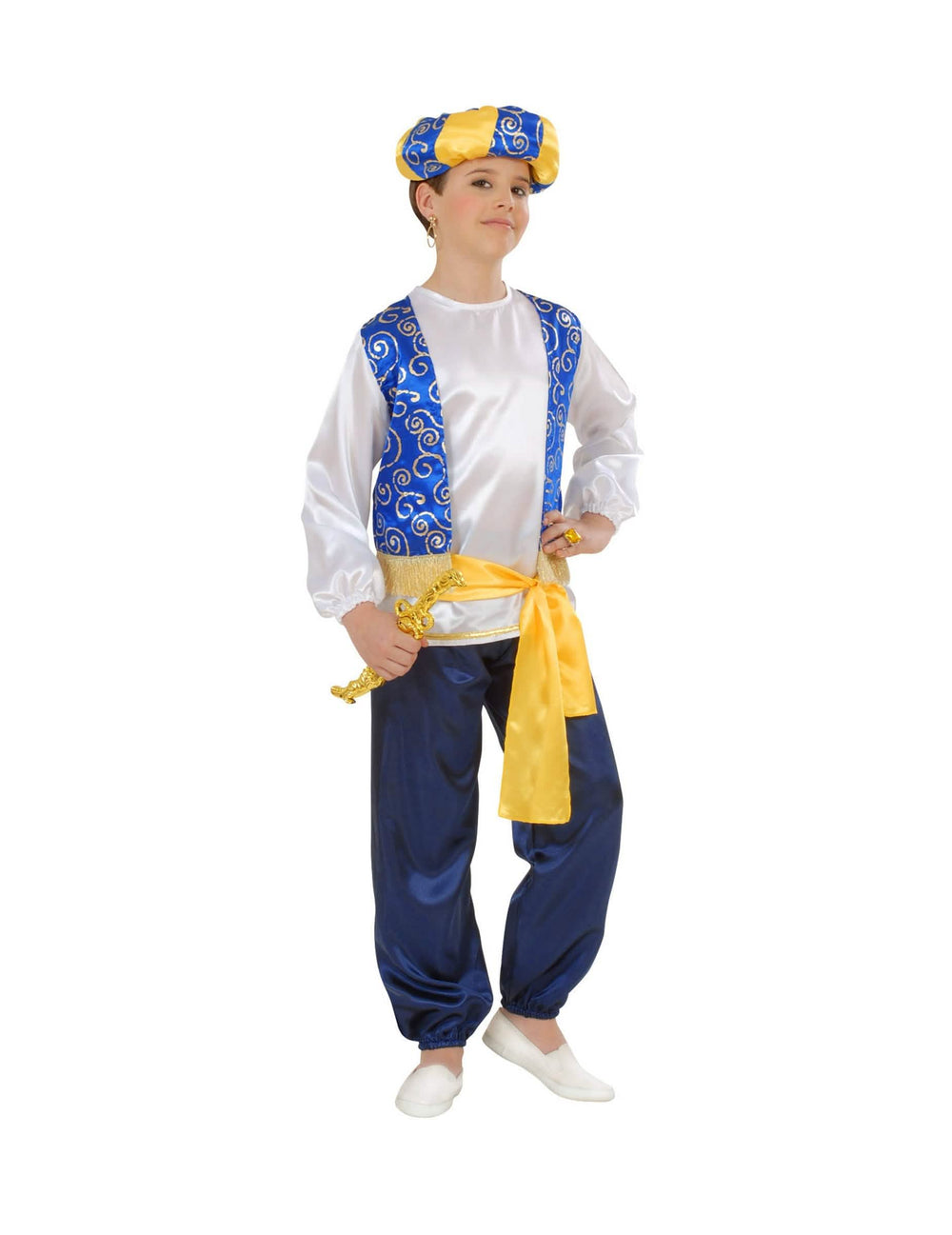 Fato de príncipe árabe para criança azul e branco com turbante e cinto amarelo
