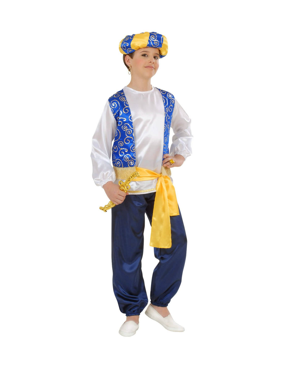 Fato de príncipe árabe para criança azul e branco com turbante e cinto amarelo