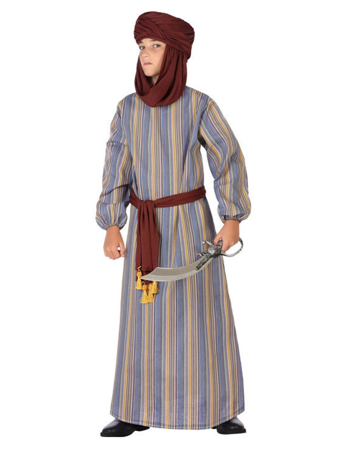 Déguisement de prince d'Arabie pour garçon à rayures bleues et turban bordeaux