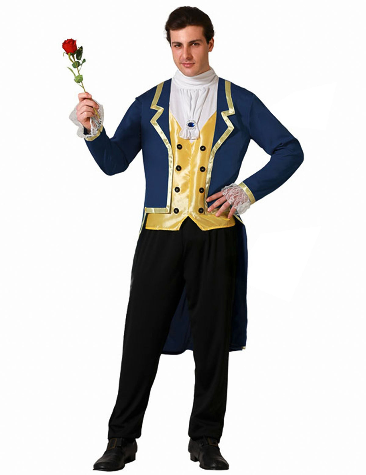Déguisement de prince de conte de fées pour homme bleu, jaune et blanc avec rose