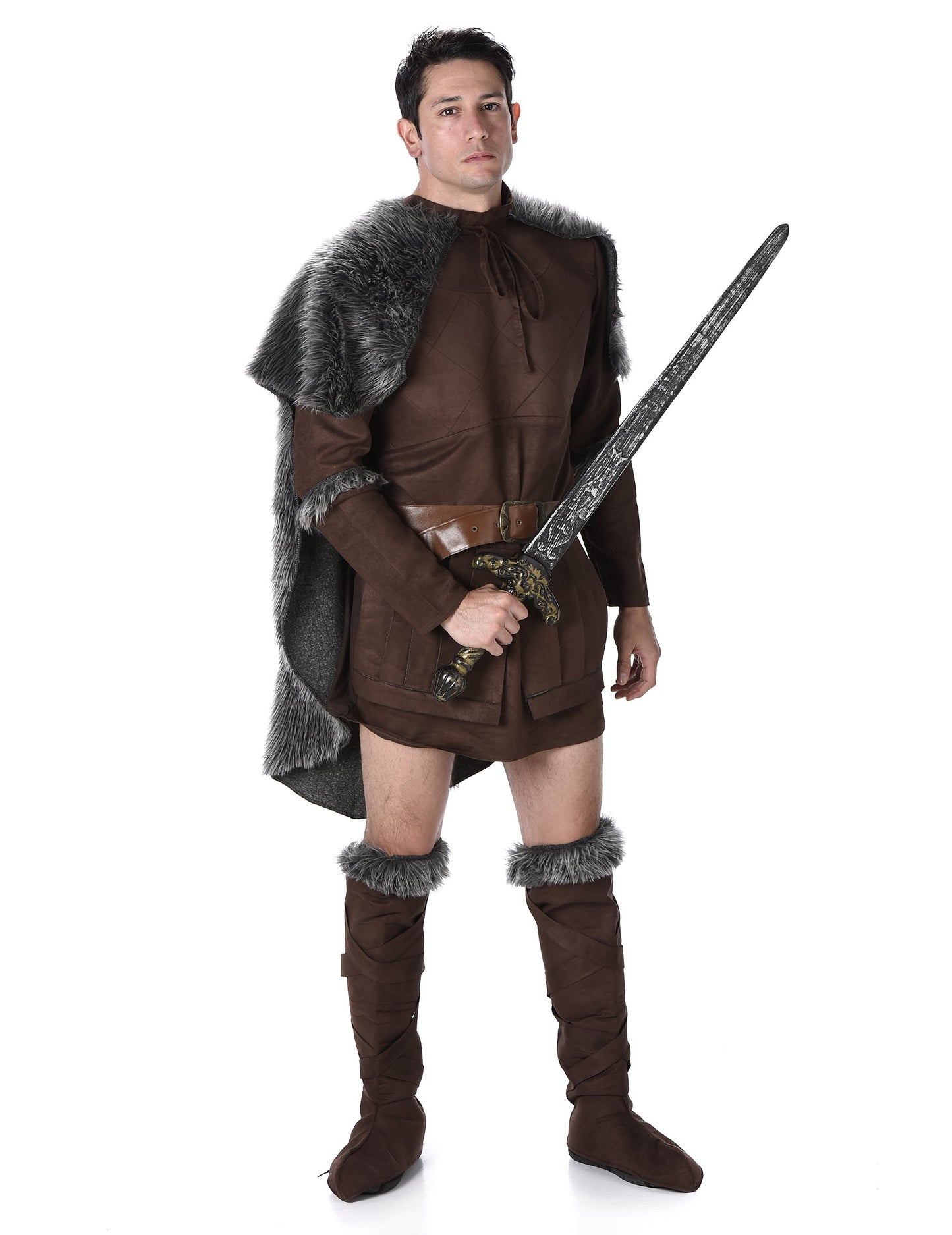 Déguisement prince viking pour homme marron avec cape en fausse fourrure grise