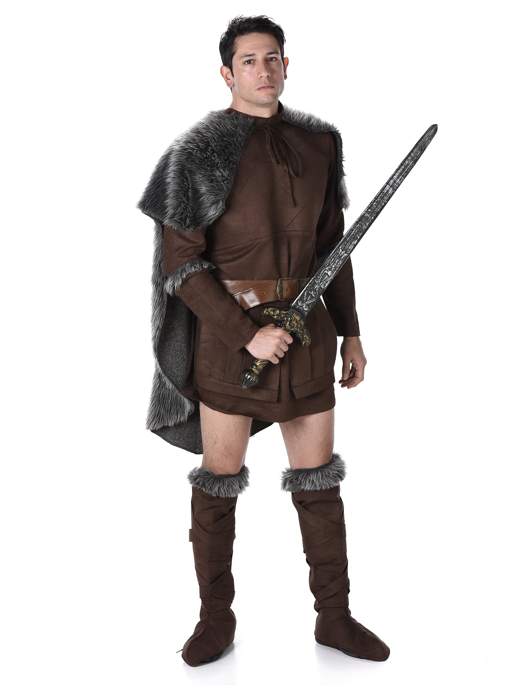 Déguisement prince viking pour homme marron avec cape en fausse fourrure grise