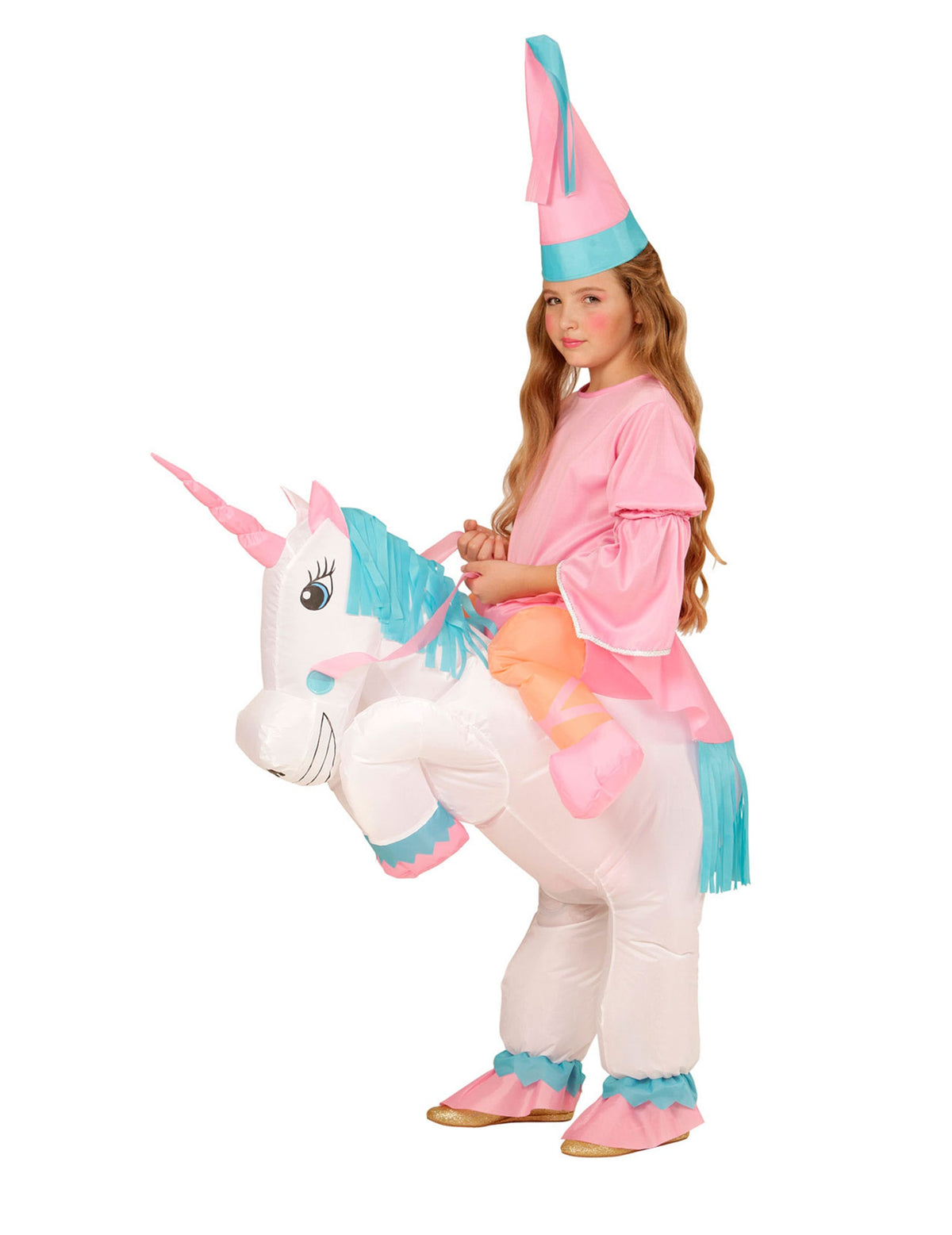 Vue de profil du déguisement de princesse à dos de licorne gonflable
