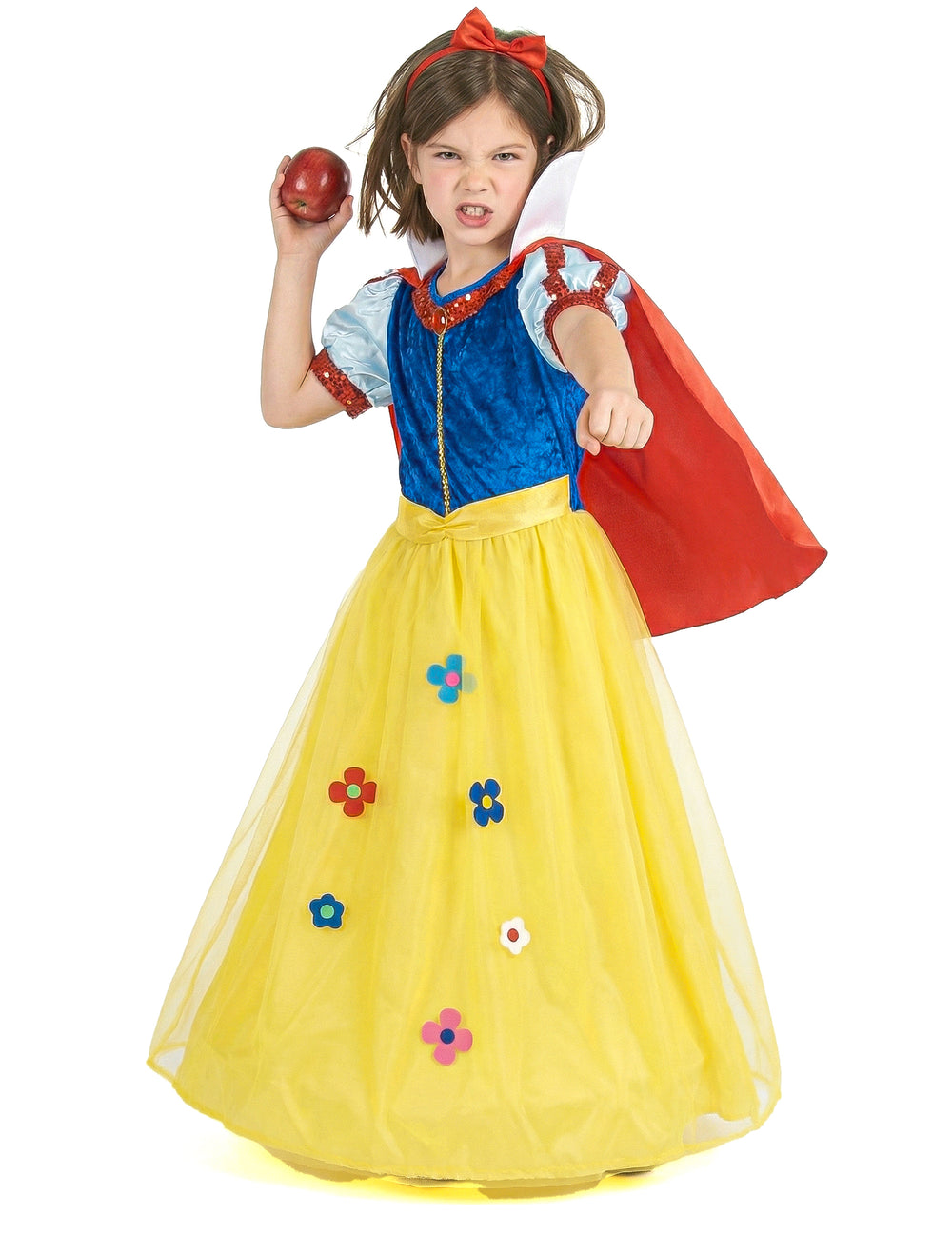 Pose avec une pomme du déguisement princesse à fleur pour fille