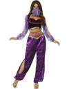 Déguisement de princesse arabe pour femme violette avec voile et sequins dorés