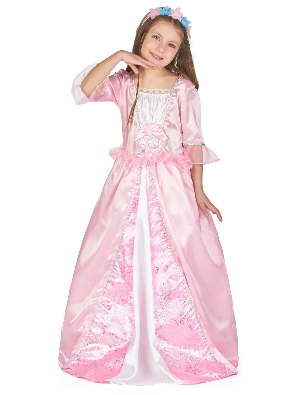 Déguisement de princesse avec une couronne à fleurs pour fille rose et blanc