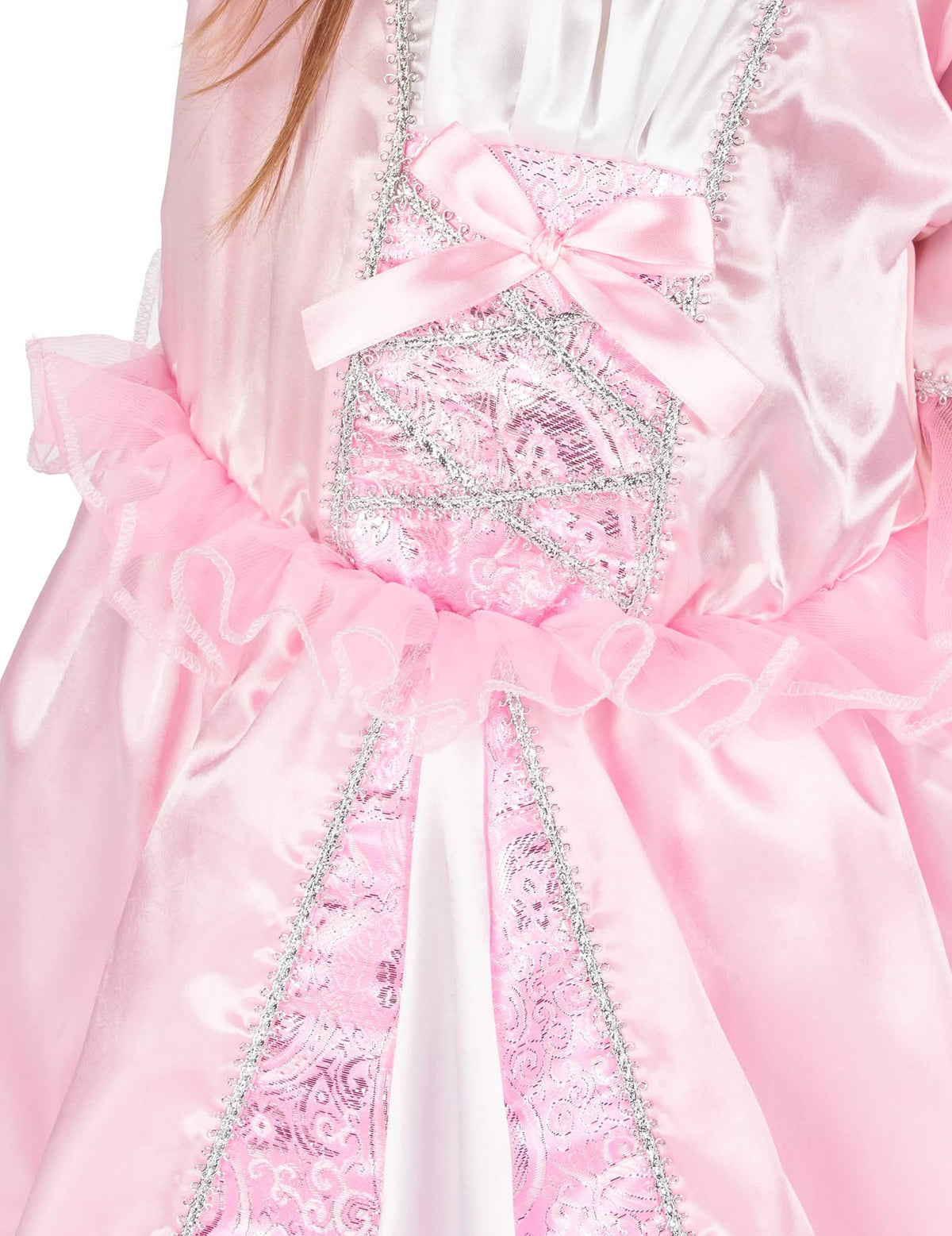 Détail du bustier rose et argenté du déguisement de princesse avec une couronne à fleurs pour fille