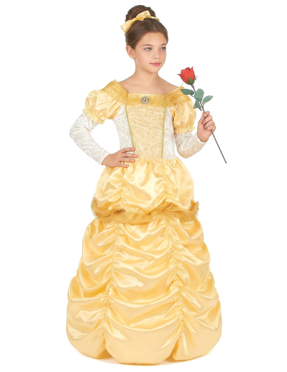 Vue de face avec rose rouge du déguisement de princesse beauté pour fille