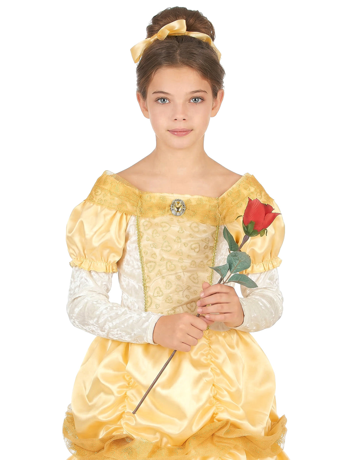 Gros plan sur le haut du buste et le bandeau du déguisement de princesse beauté pour fille