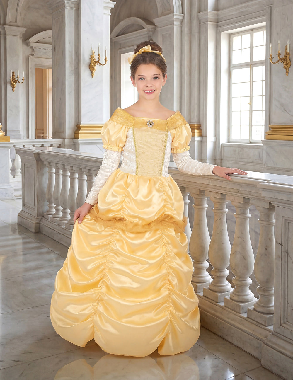 Vue d'ensemble dans un décor de palais du déguisement de princesse beauté pour fille