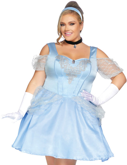 Déguisement de princesse bleue pour femme avec gants blancs et serre-tête