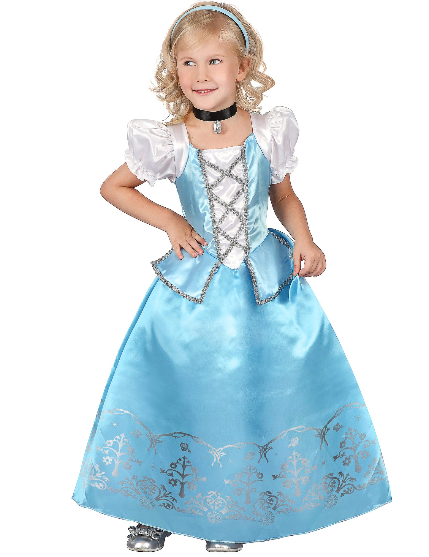 Déguisement princesse pour fille bleue et blanche avec détails argentés