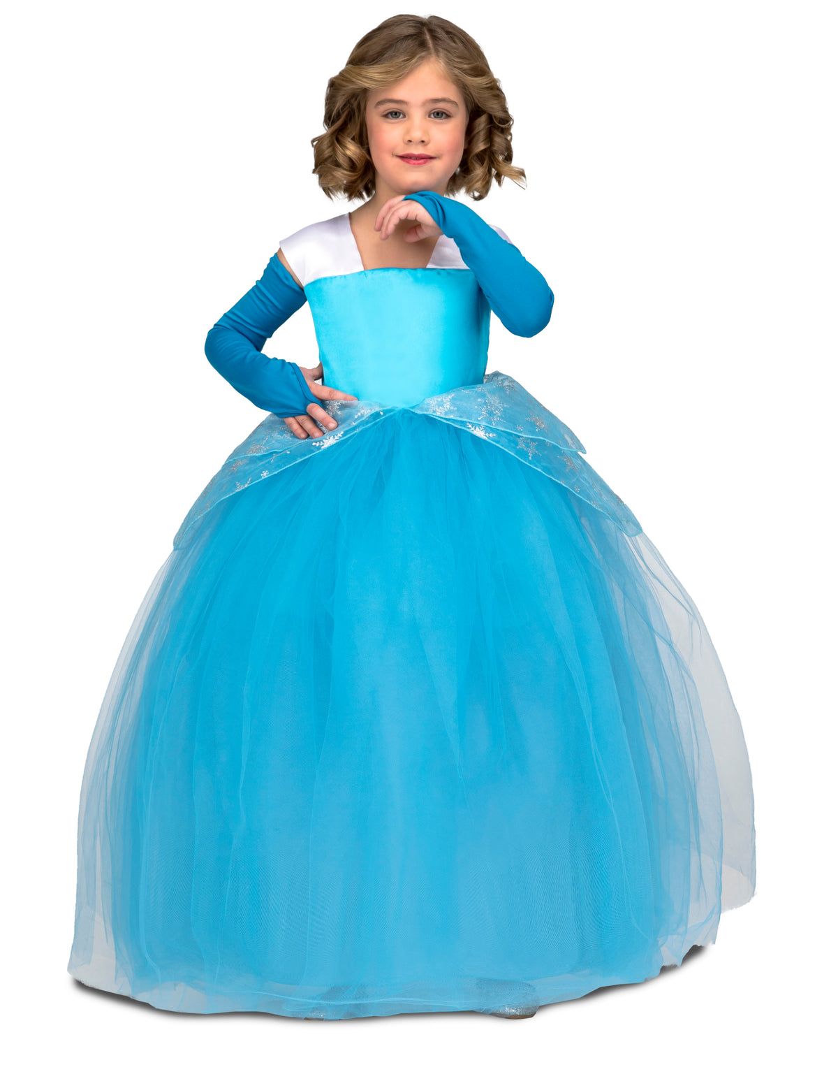 Déguisement princesse de bal pour fille bleu avec jupon en tulle et gants longs