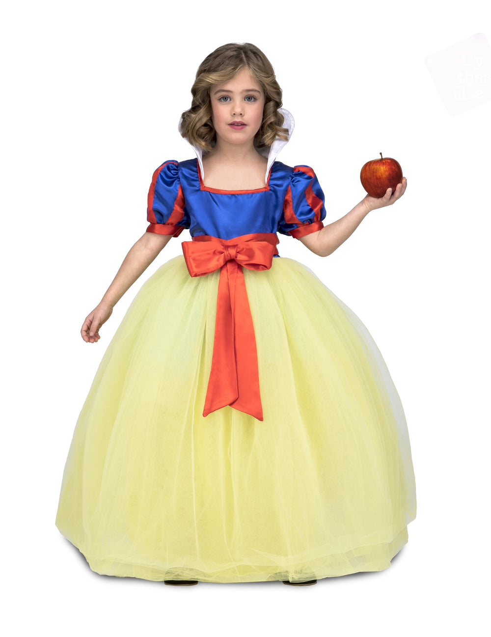 Déguisement princesse de bal pour fille jaune et bleu avec jupon en tulle et noeud rouge