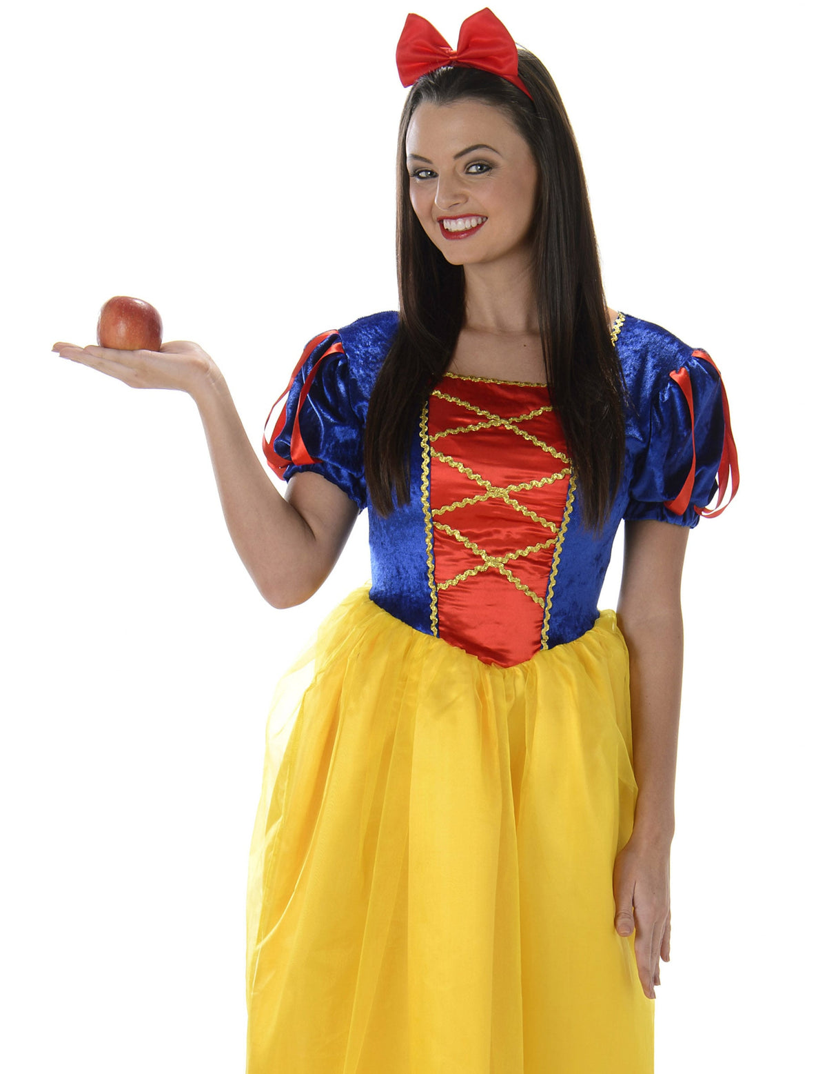 Détail du bustier et de la pomme rouge du déguisement princesse de conte de fée pour femme
