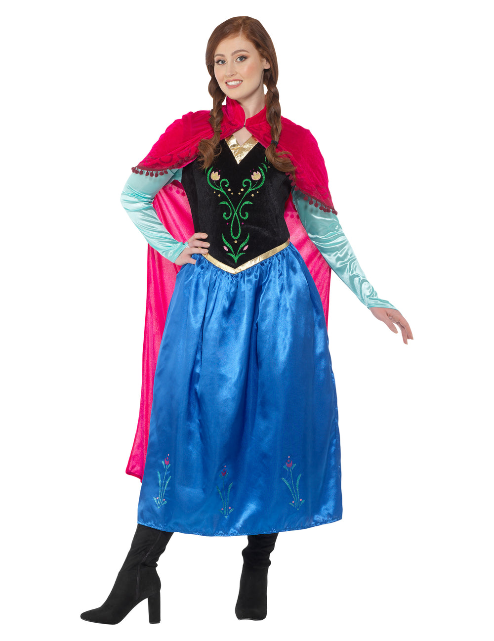 Déguisement princesse de conte de fées pour femme bleu et noir avec cape rose