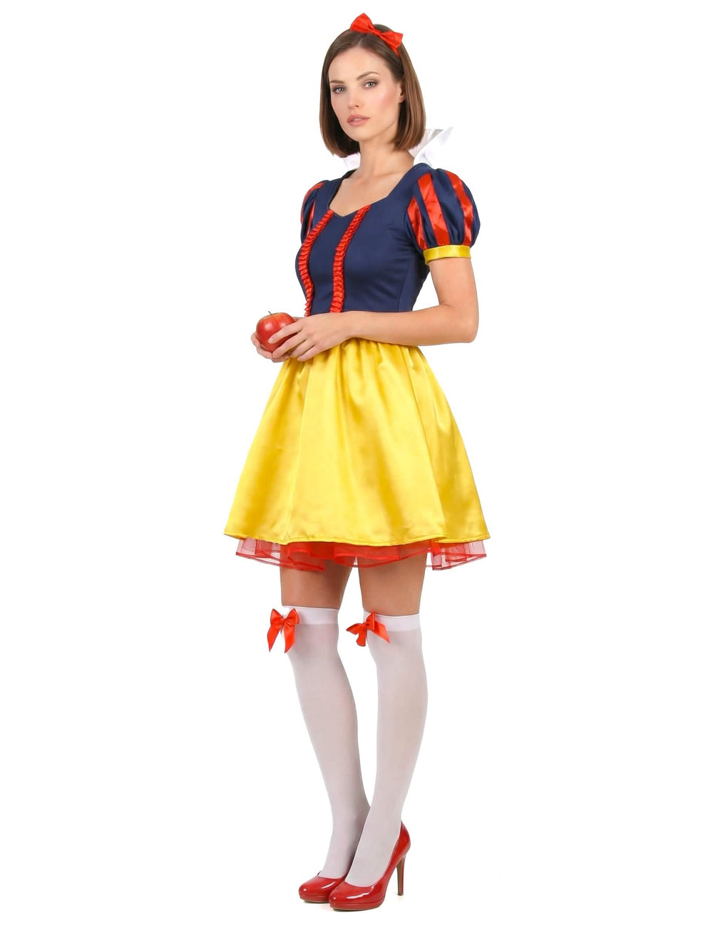 Déguisement Princesse des 7 Nains pour femme jaune et bleu avec serre-tête rouge