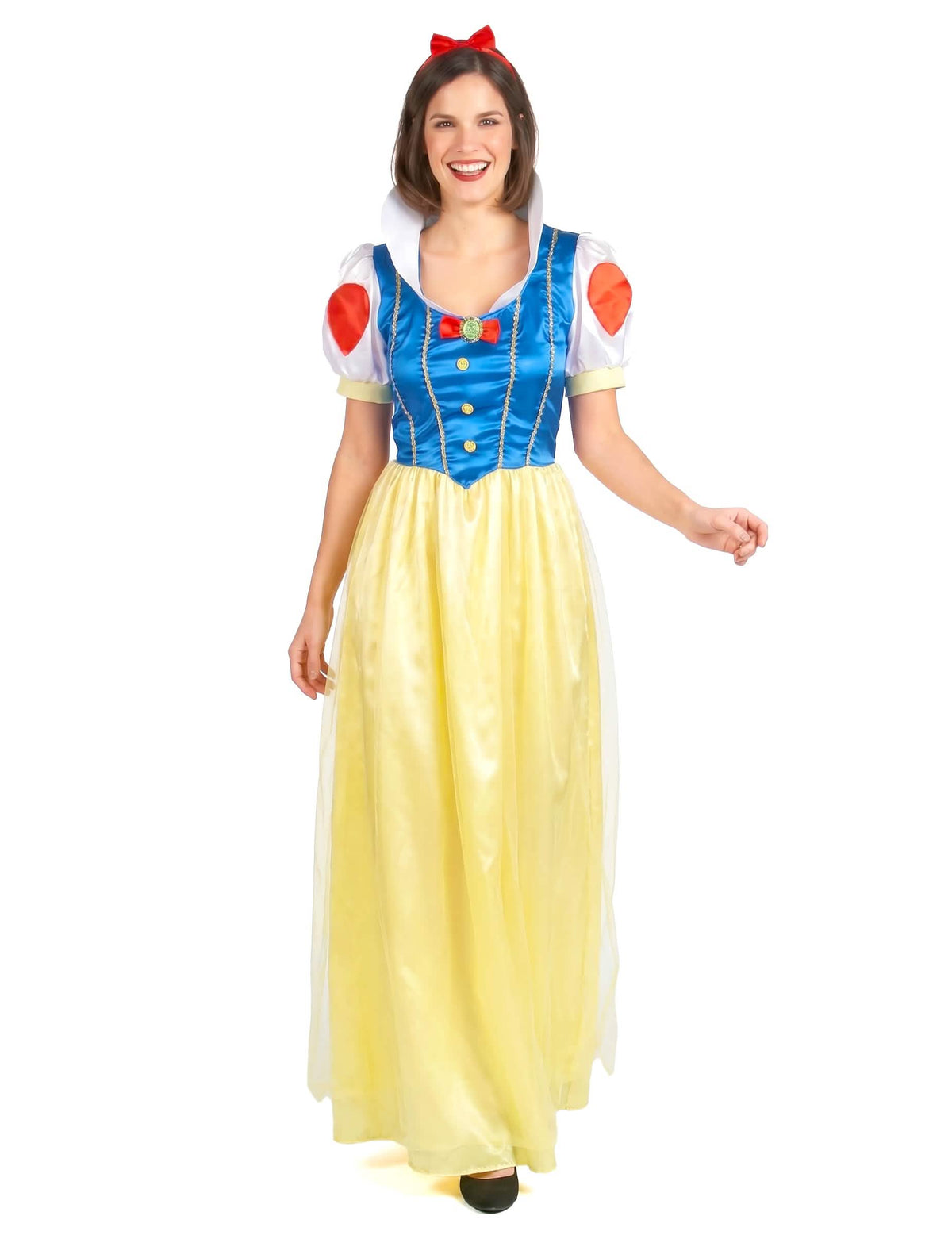 Fato de princesa das neves para mulher azul e amarelo com bandolete vermelho