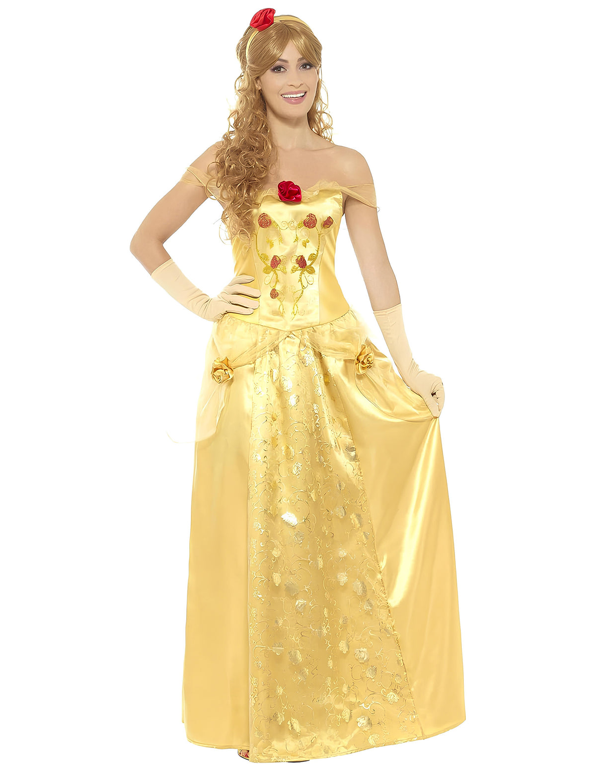 Déguisement de princesse des rêves pour femme jaune avec gants et détails de roses