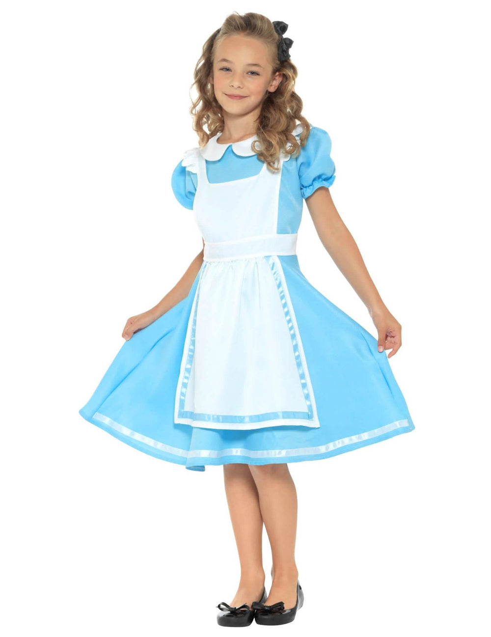 Fato de princesa das seleções de futebol maravilhosas para menina azul e branco com avental