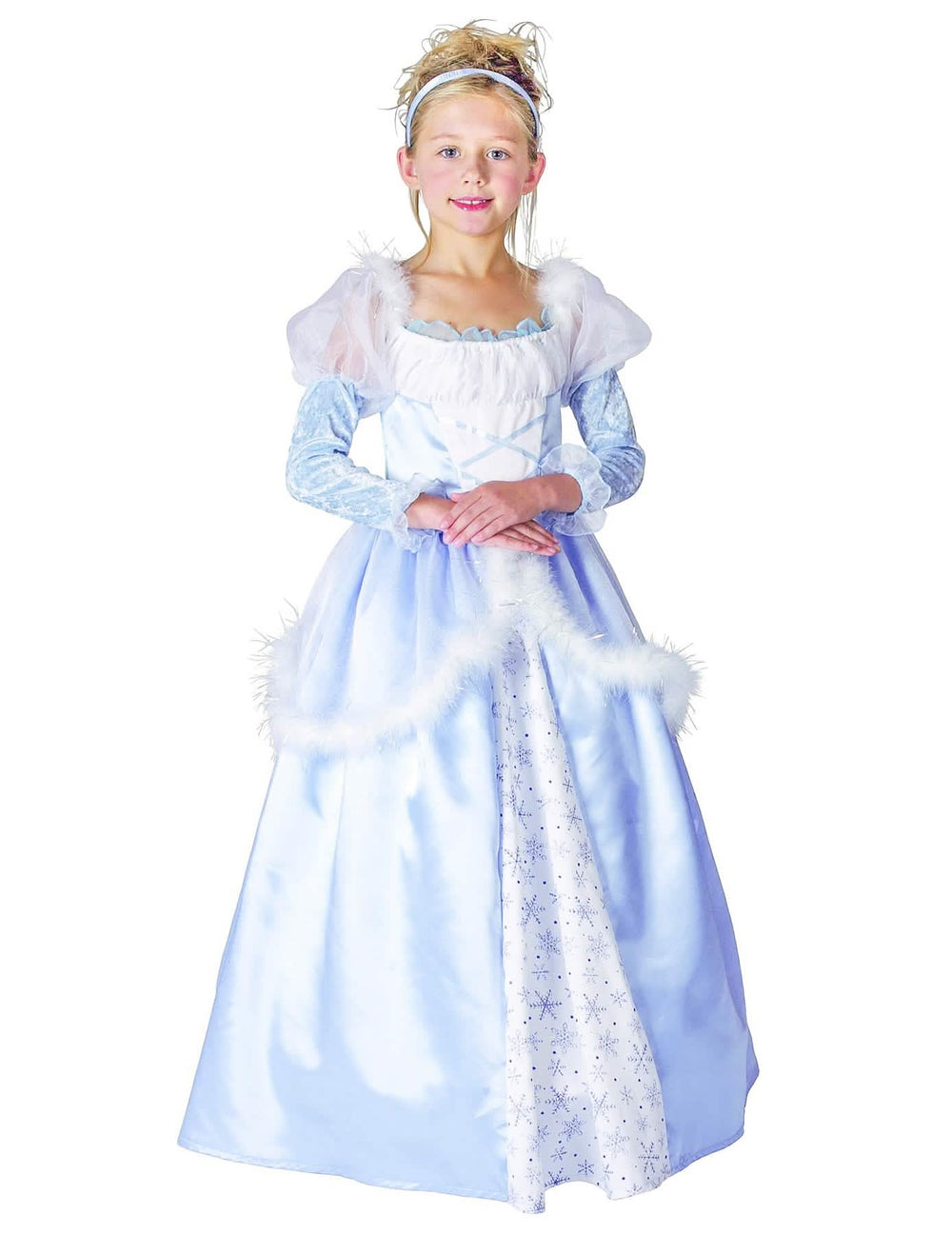 Fato de princesa para criança azul e branco com motivos de flocos e pele falsa