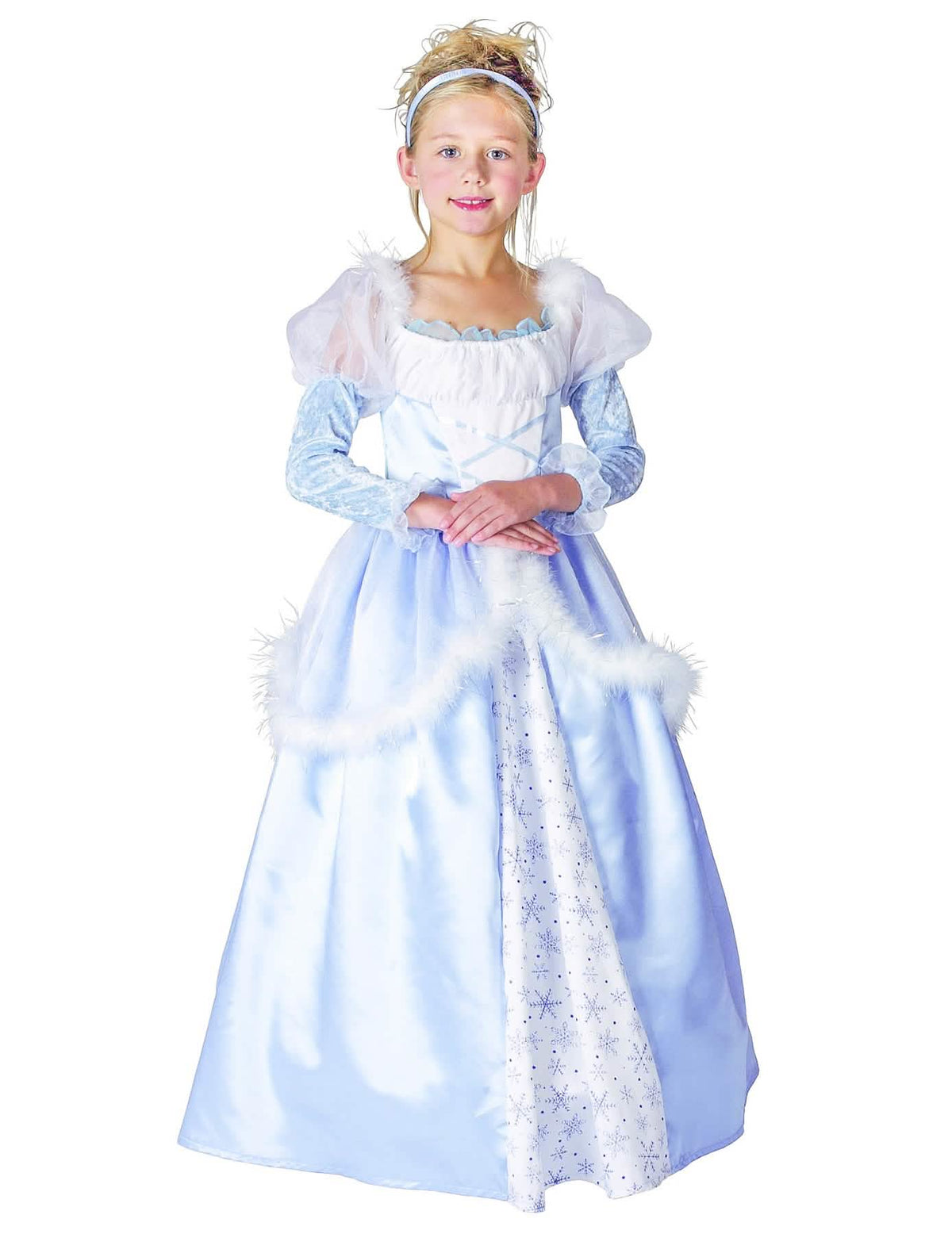 Fato de princesa para criança azul e branco com motivos de flocos e pele falsa