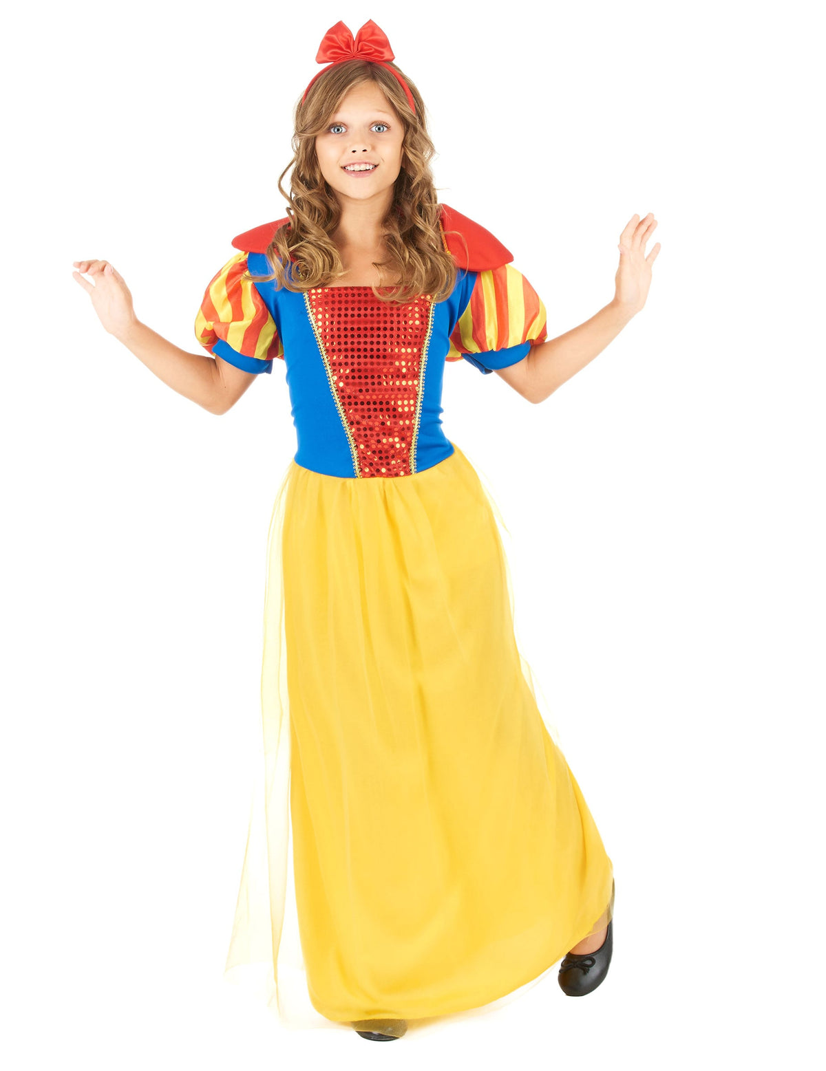 Déguisement princesse de conte de fée pour fille jaune et bleu avec bustier rouge à paillettes