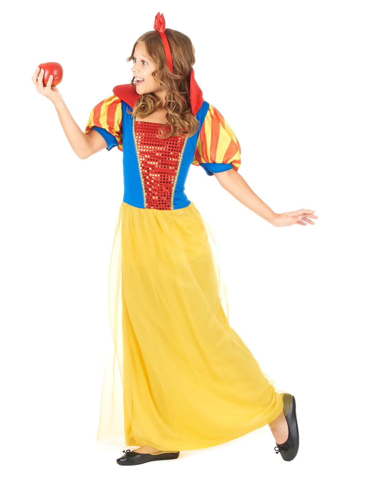 Vue de profil avec une pomme du déguisement princesse de conte de fée