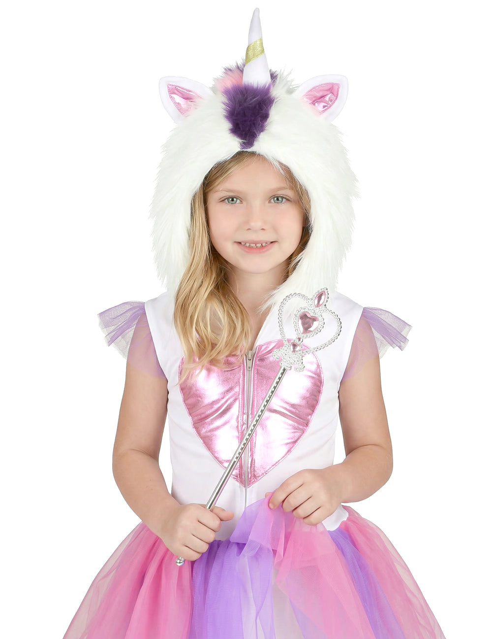 Gros plan sur la capuche à corne et le buste du déguisement Princesse Licorne