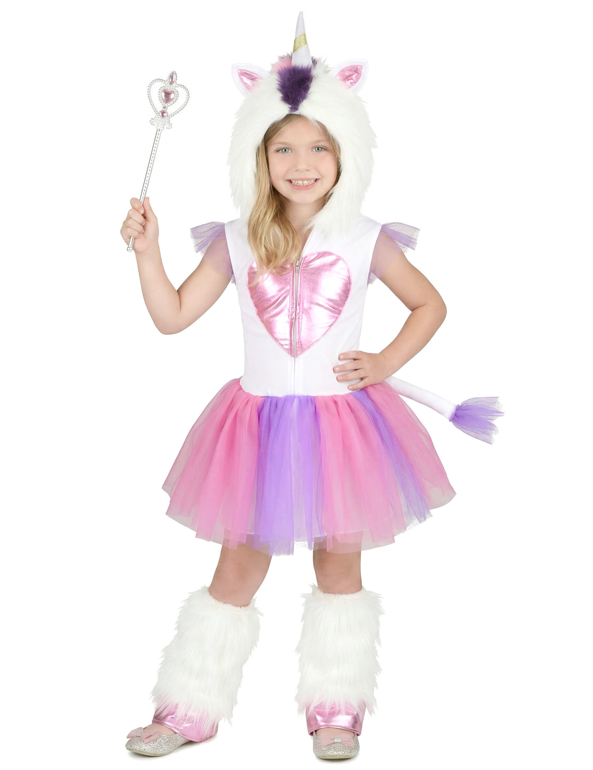 Déguisement Princesse Licorne pour fille blanc rose et violet avec tutu et capuche à corne