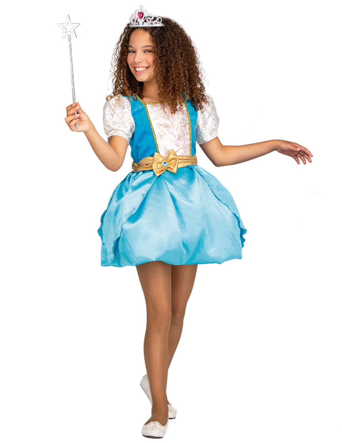 Vue de face de la version bleue du déguisement de princesse magique 2 en 1 pour fille