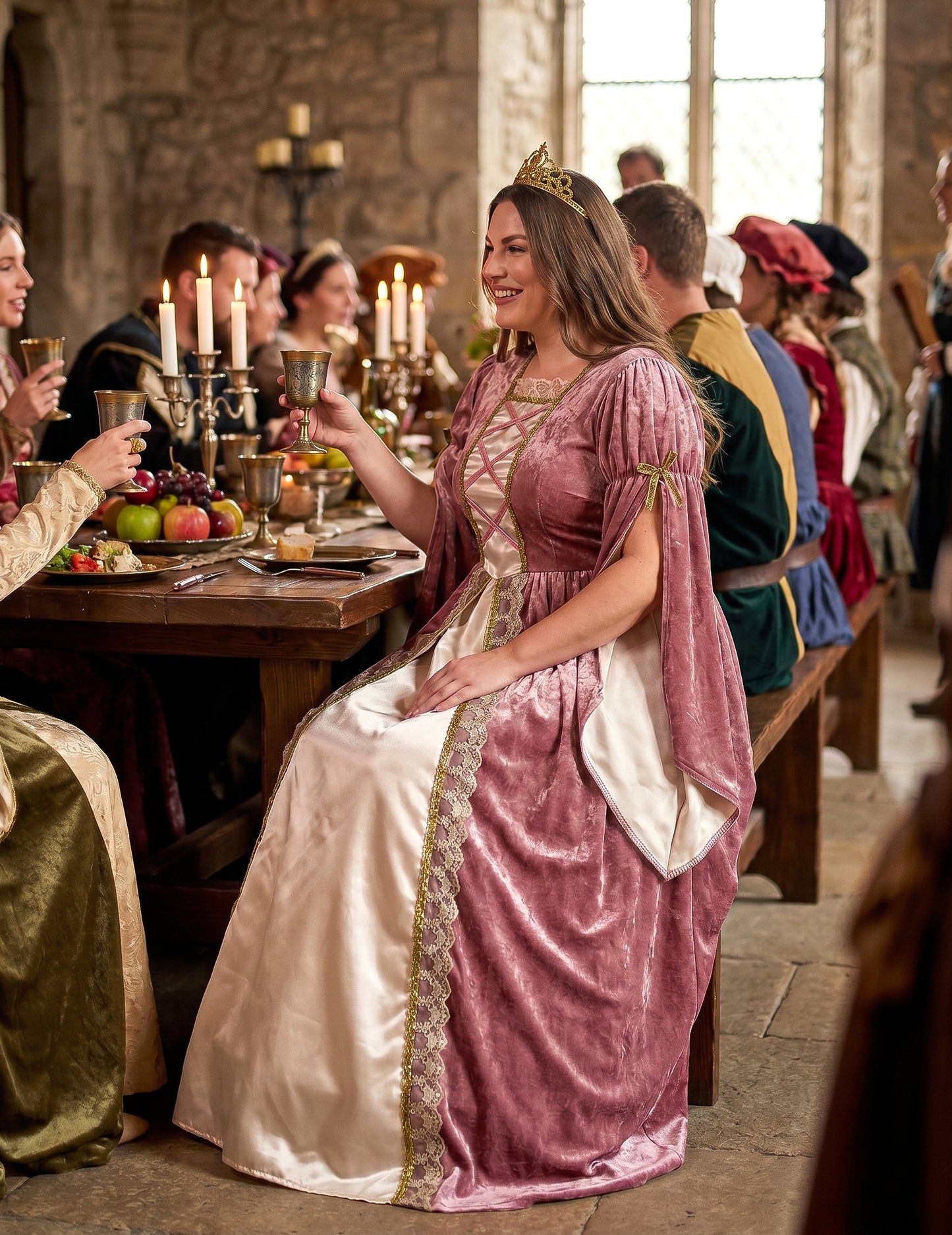 Disfarce de Princesa Medieval Rosa e Branco Tamanho Grande Mulher