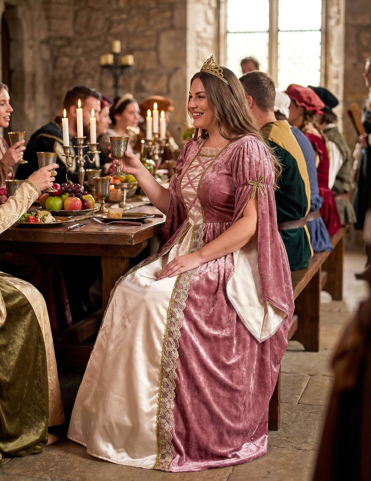 Disfarce de Princesa Medieval Rosa e Branco Tamanho Grande Mulher