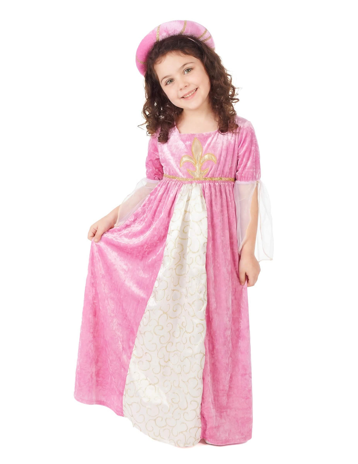 Déguisement de princesse médiévale pour fille rose et or avec coiffe