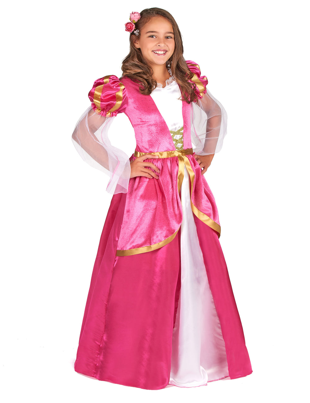 Déguisement de princesse médiévale pour fille rose et blanc avec détails dorés