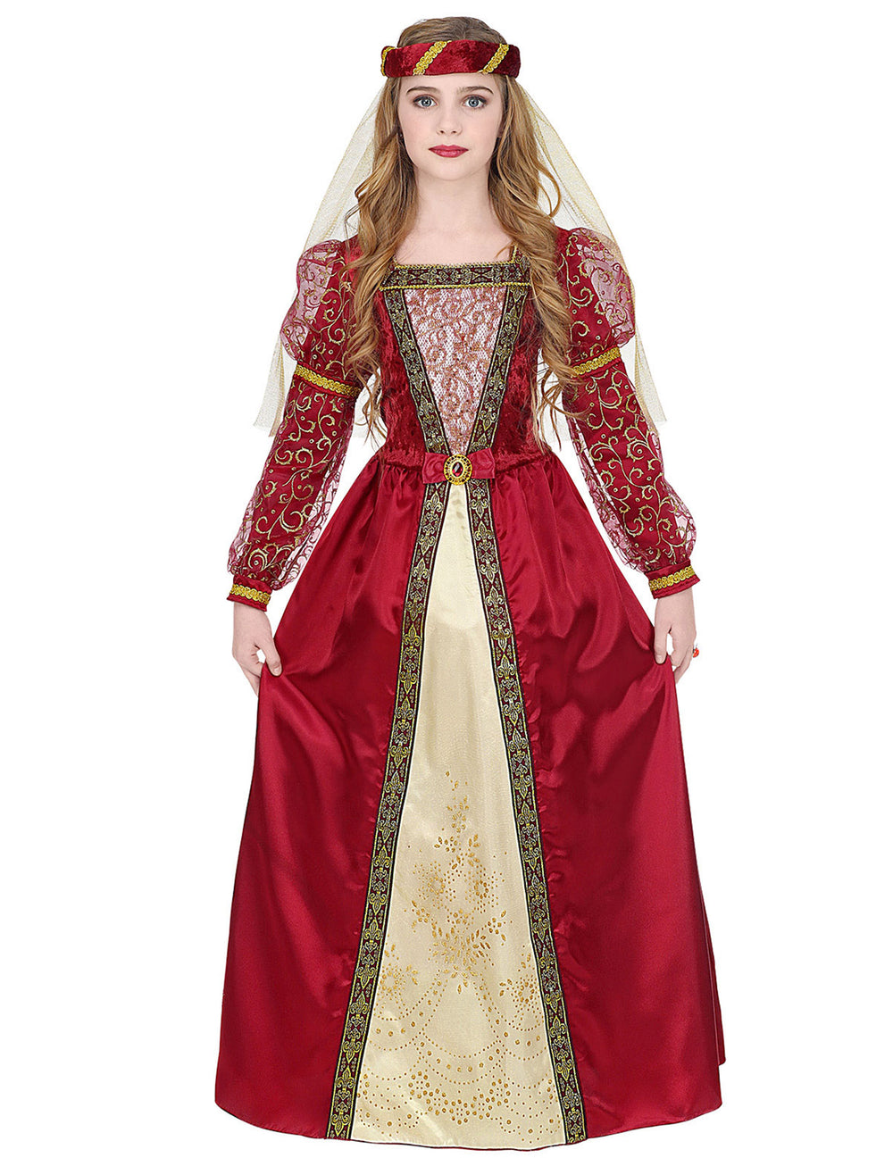 Déguisement princesse médiévale royale pour fille rouge et or avec coiffe
